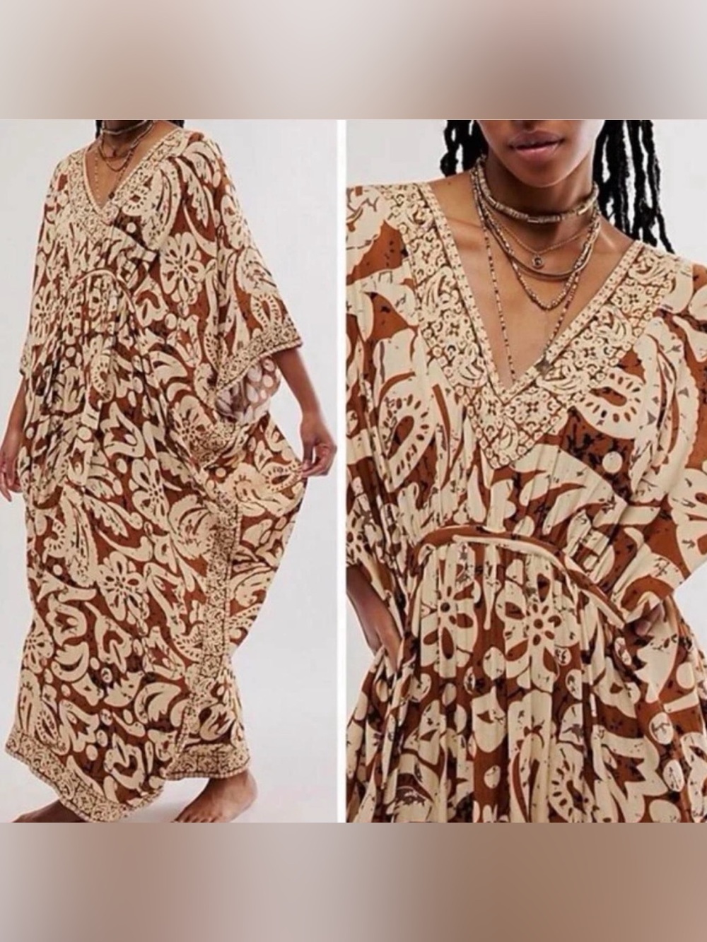 SOLD! Free People Brown & Cream Boho Floral Caftan Dress. NWT